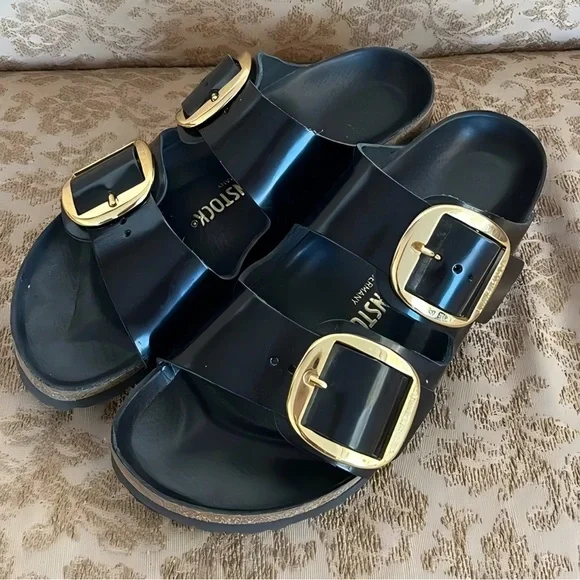 Birkenstock Black Heels with Gold Buckles - Picture 1 of 6